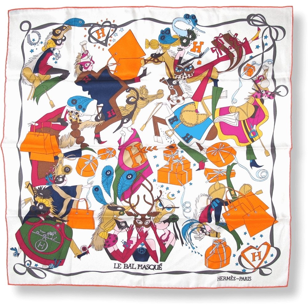 Hermes 2014 Orange White Le Bal Masque by Saw Keng Vintage Silk 70 