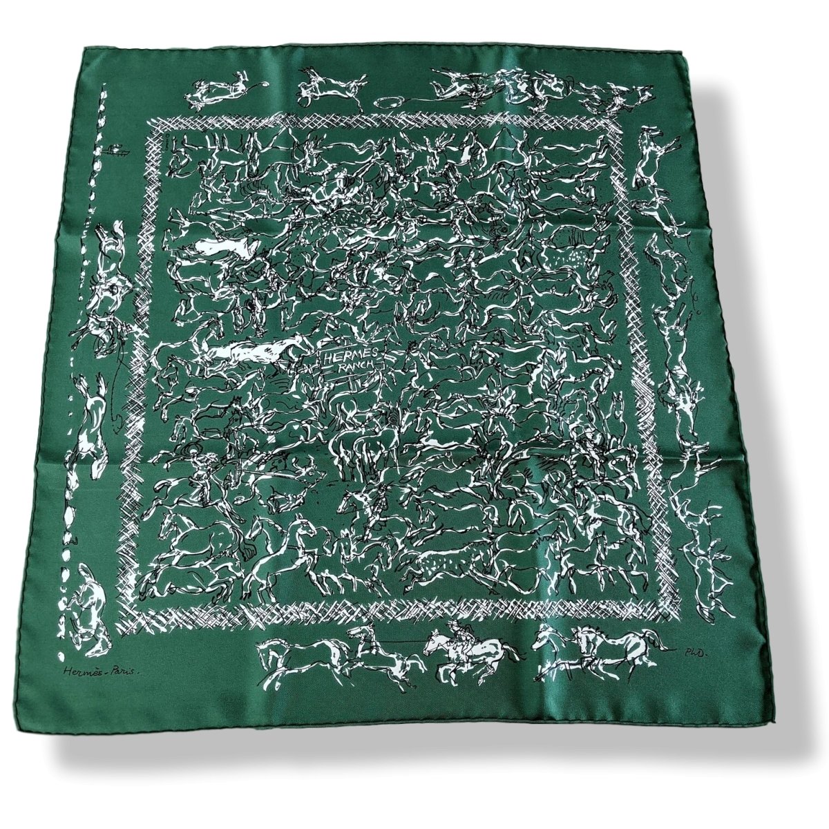 Hermes Green/White RANCH BANDANA by Philippe Dumas Twill Silk Carre 55, Mint!