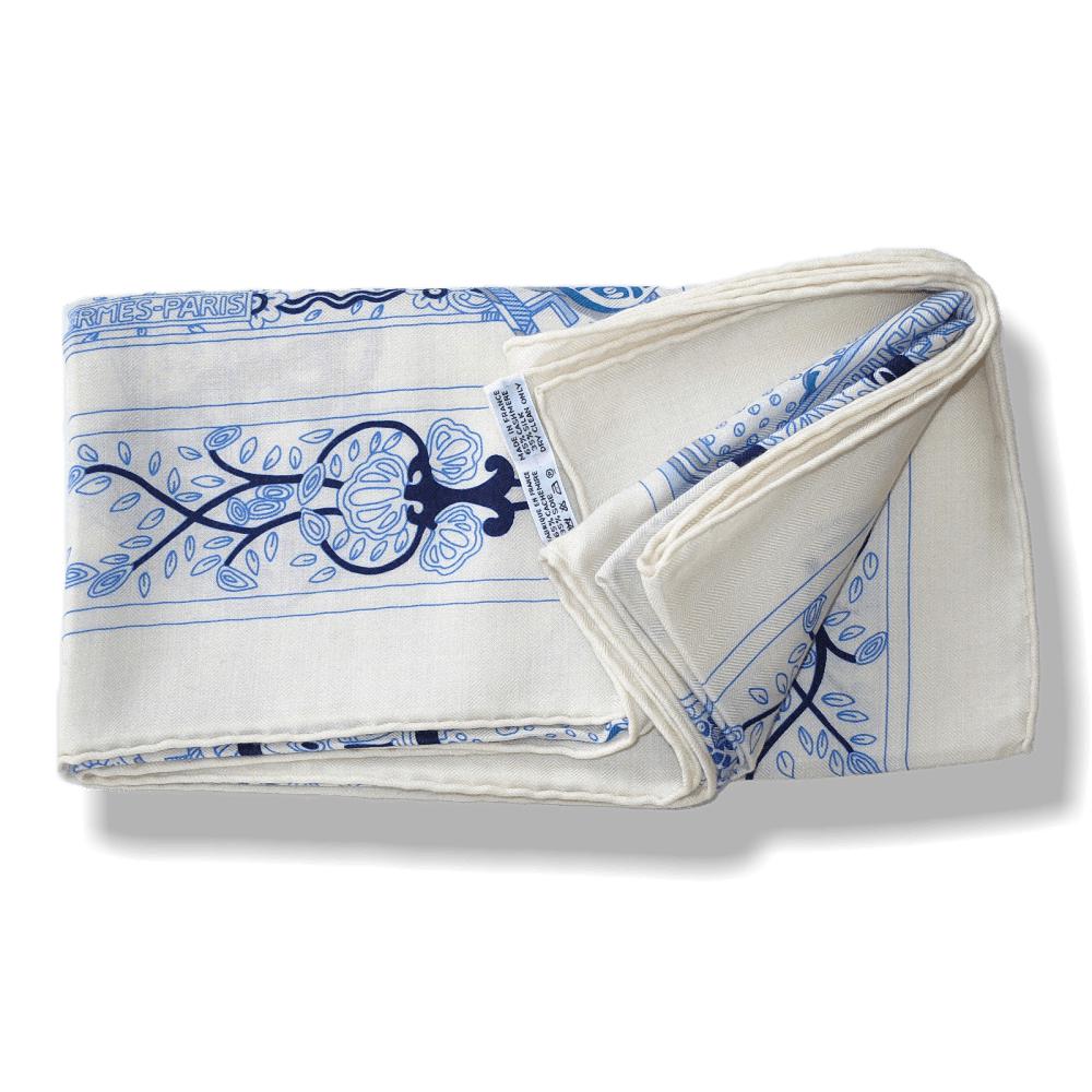 Hermes 2014 White Blue Le Songe de la Licorne by Annie Faivrre Cashmere Shawl 140, New! - poupishop