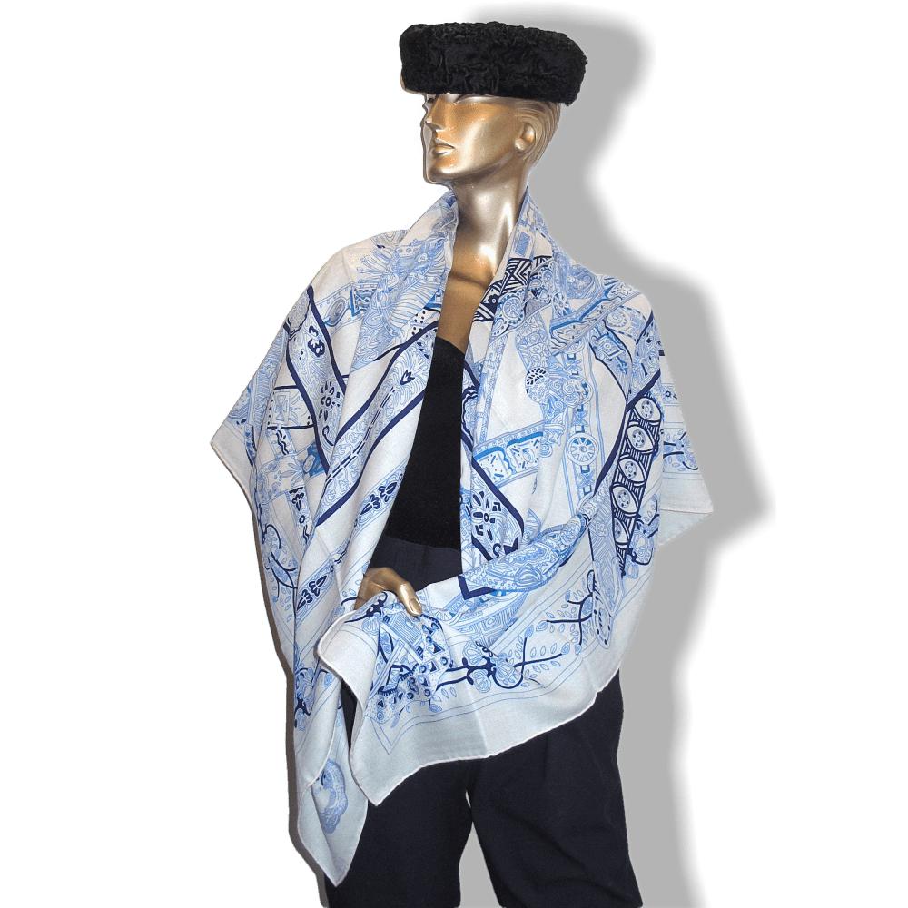 Hermes 2014 White Blue Le Songe de la Licorne by Annie Faivrre Cashmere Shawl 140, New! - poupishop
