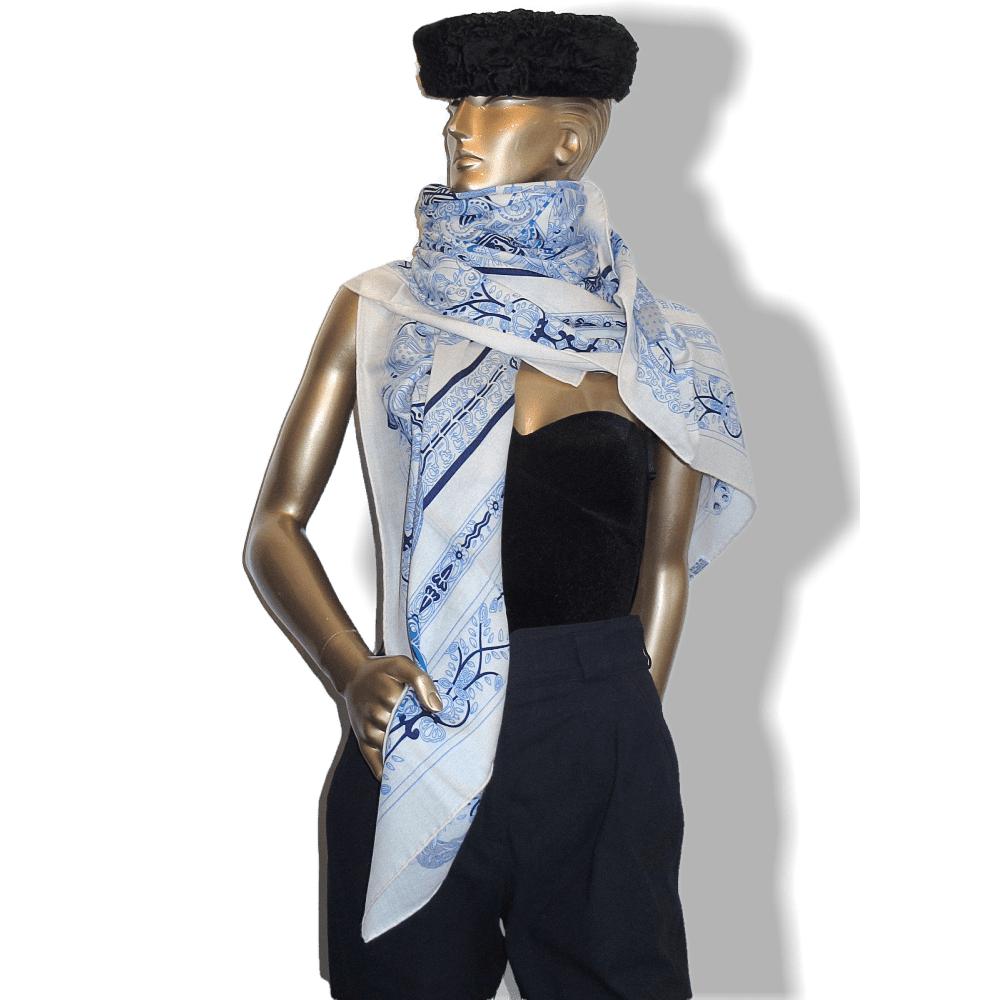 Hermes 2014 White Blue Le Songe de la Licorne by Annie Faivrre Cashmere Shawl 140, New! - poupishop