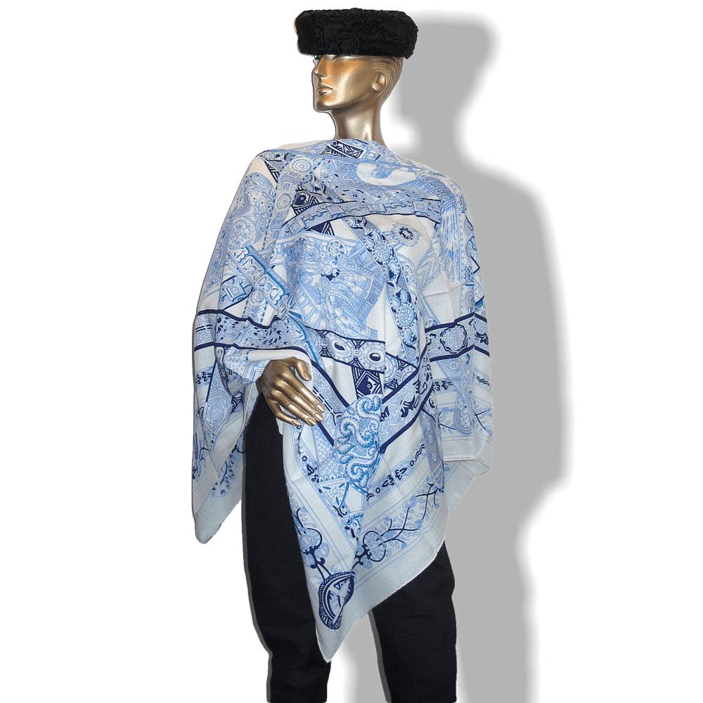 Hermes 2014 White Blue Le Songe de la Licorne by Annie Faivrre Cashmere Shawl 140, New! - poupishop