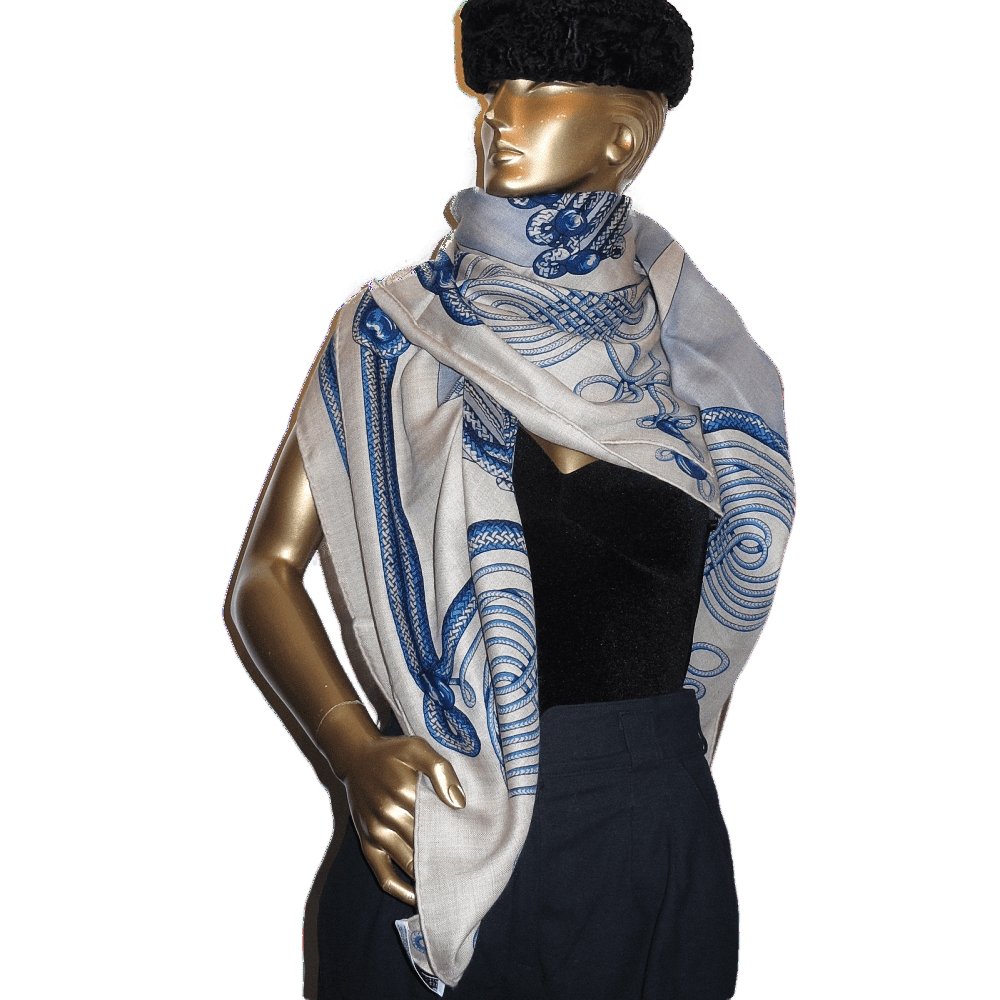 Hermes 2015 Natural Blue Brandebourg Cashmere Shawl 140