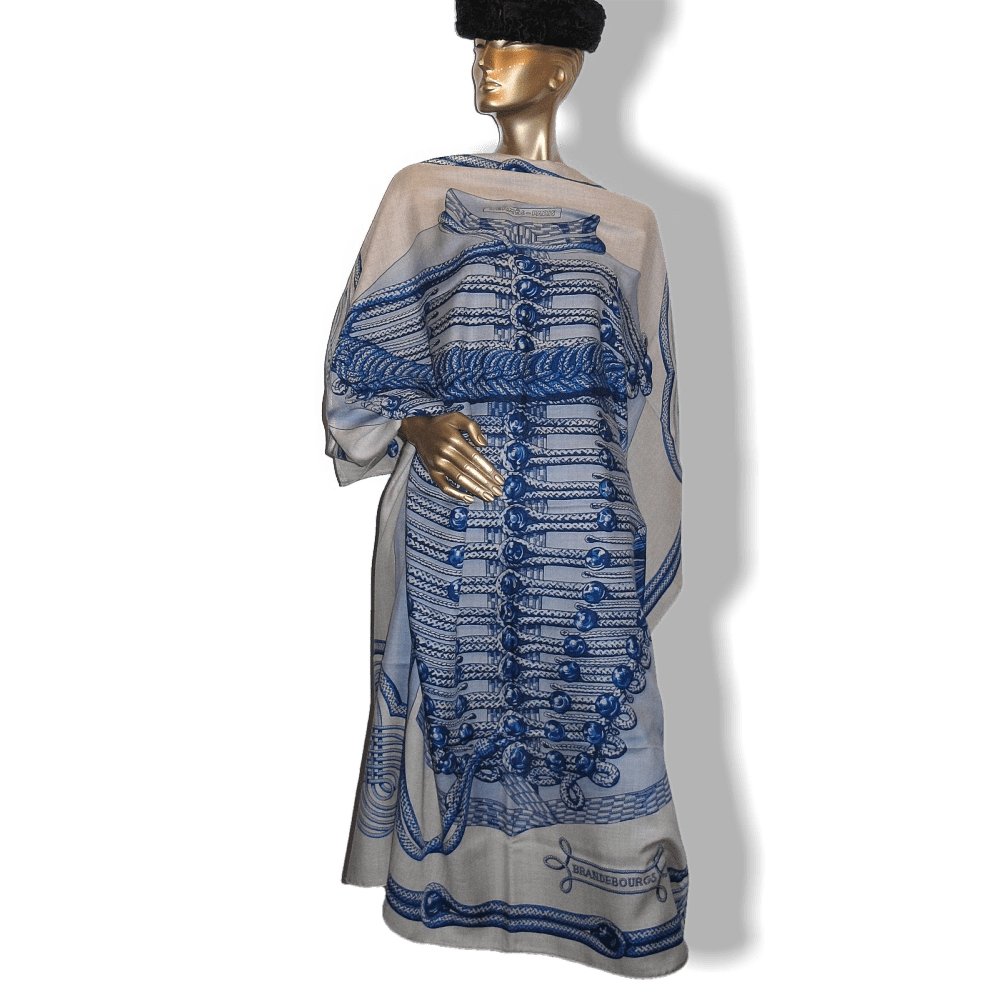 Hermes 2015 Natural Blue Brandebourg Cashmere Shawl 140