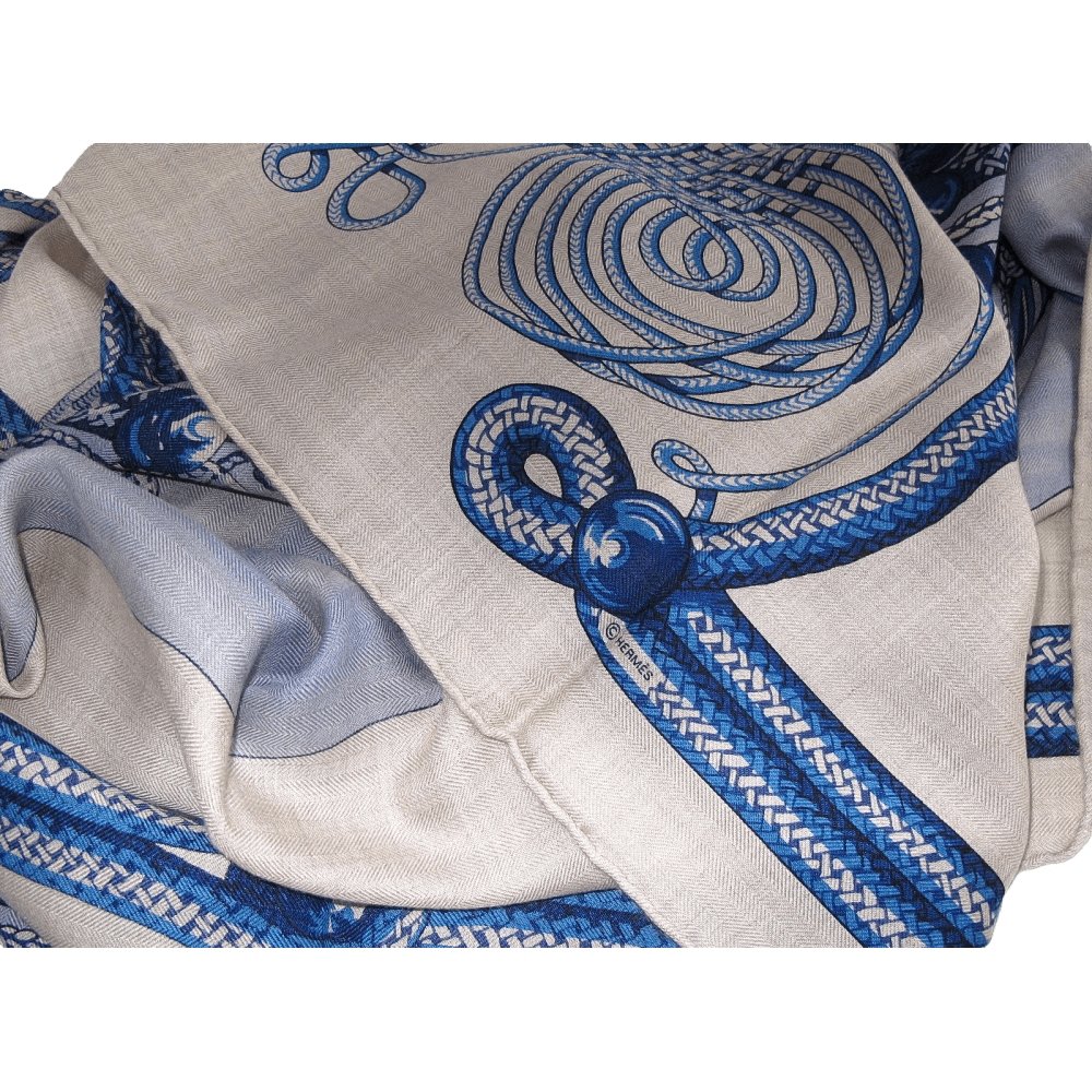 Hermes 2015 Natural Blue Brandebourg Cashmere Shawl 140
