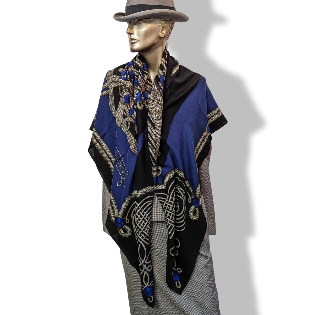 Hermes 2015 Noir/Bleu Brandebourg by Caty Latham Cashmere Shawl 140, New with Flaw!
