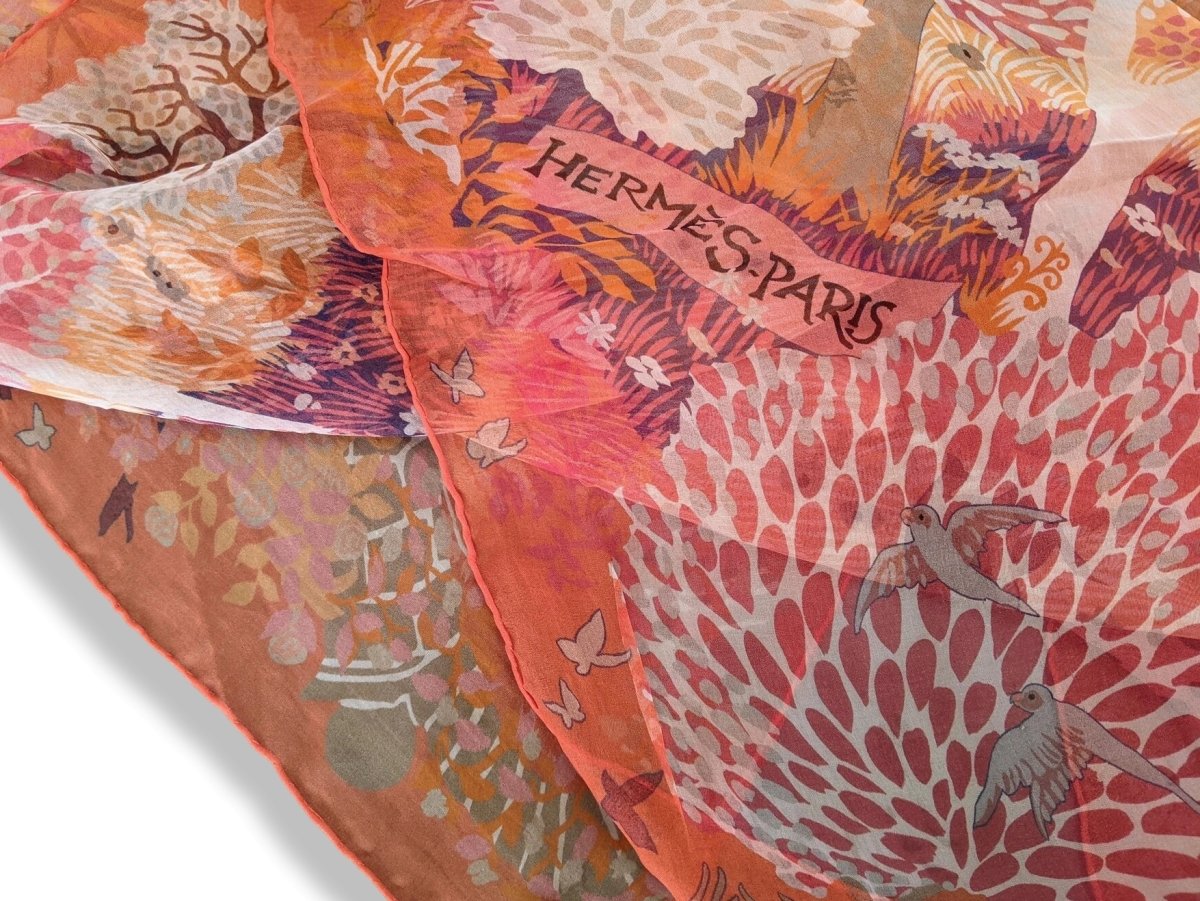 Hermes 2015 Orange/Multi DANS UN JARDIN ANGLAIS by Alice Shirley Mousseline 140 RARE, Mint in Box!