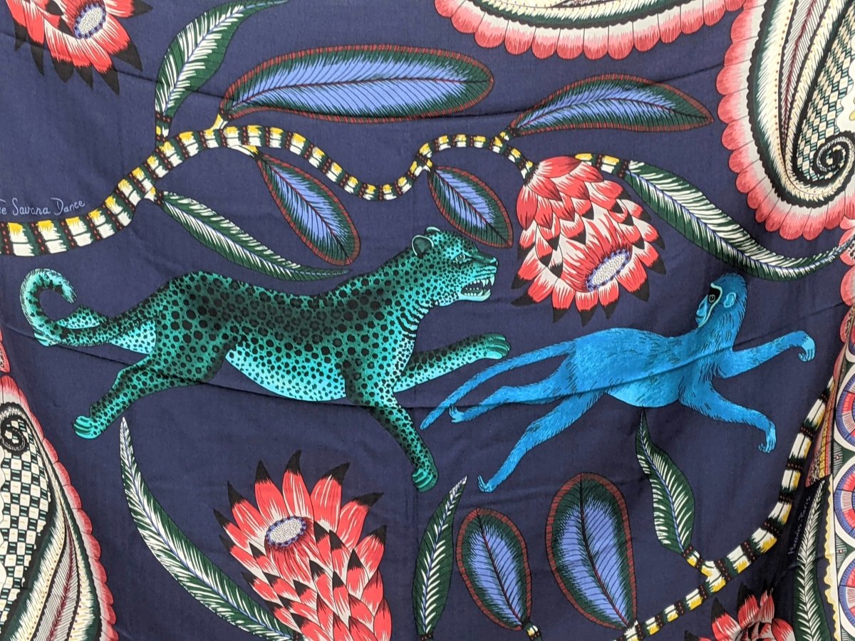 Hermes 2016 Marine/Vert/Corail THE SAVANA DANCE by Ardmore Artists Cashmere Shawl 140, BNWTIB!