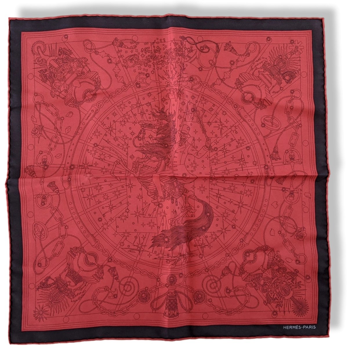 Hermes 2016 Noir/Rouge Bordeaux C'est la Fête by Daisuke Nomura Pocket Scarf Gavroche 42cm, New!
