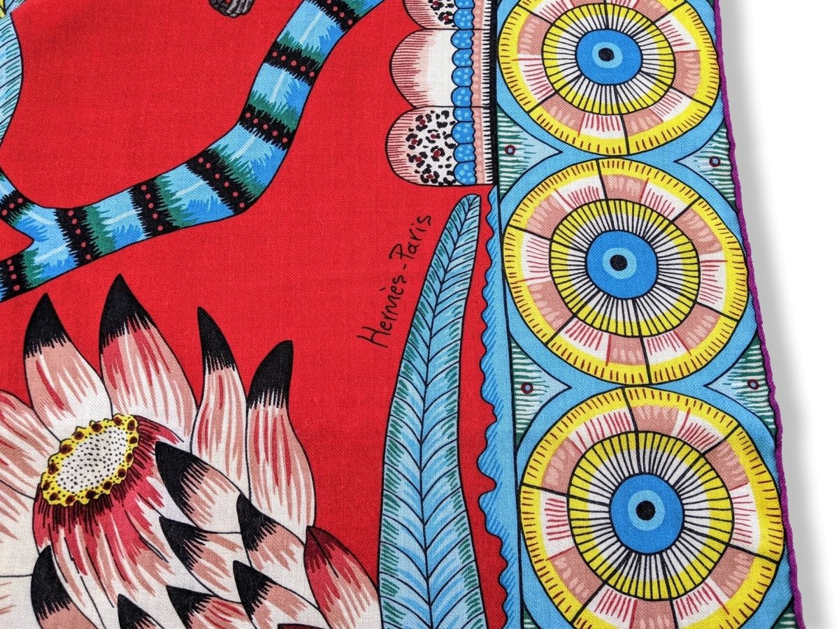 Hermes 2016 Rouge/Turquoise The Savana Dance Cashmere by Ardmore Artists Shawl 140, Mint!