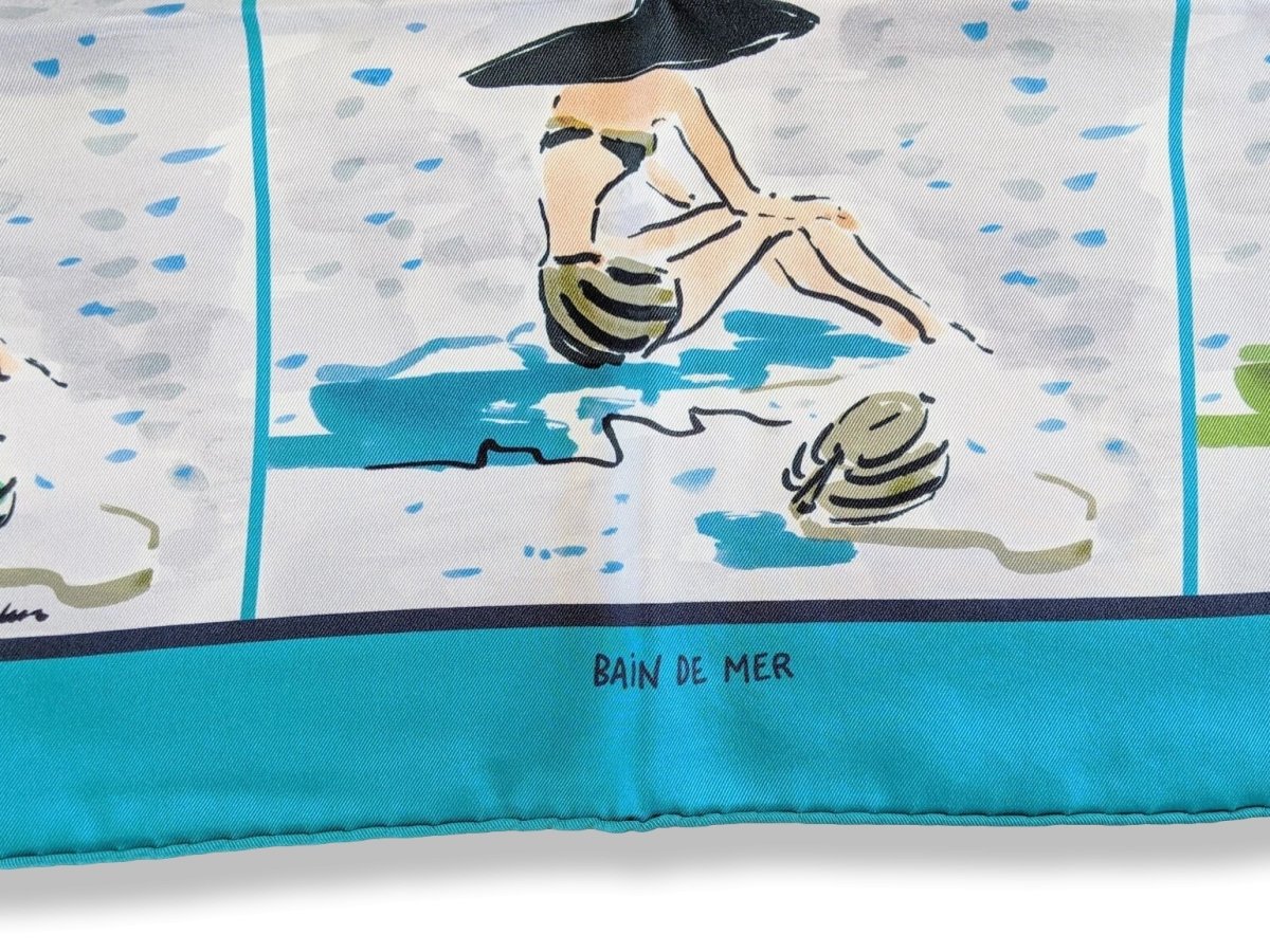 Hermes 2016 Turquoise BAIN DE MER by Jean-Louis Clerc Vintage Silk 70 cm