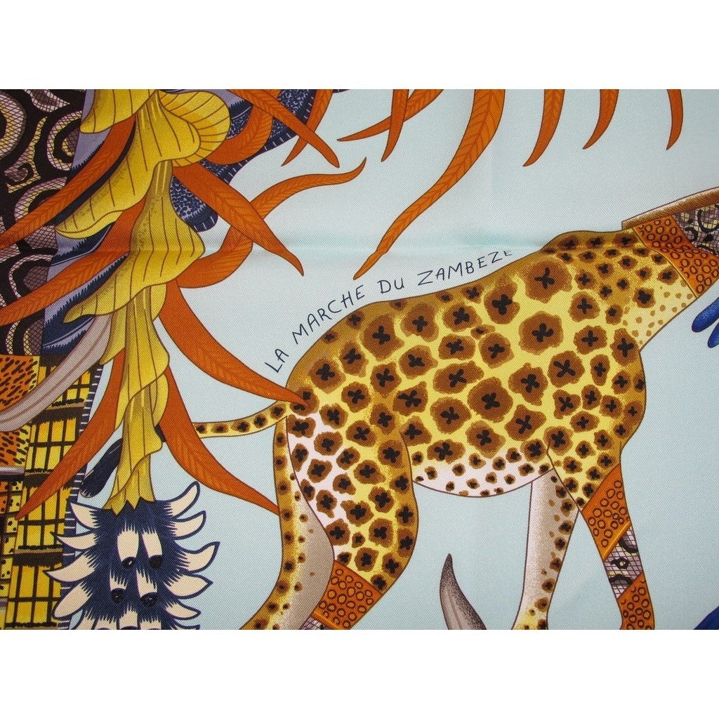 Hermes 2016 Yellow Baby Blue La Marche du Zambeze by Ardmore Artists Twill 90cm, Box! - poupishop