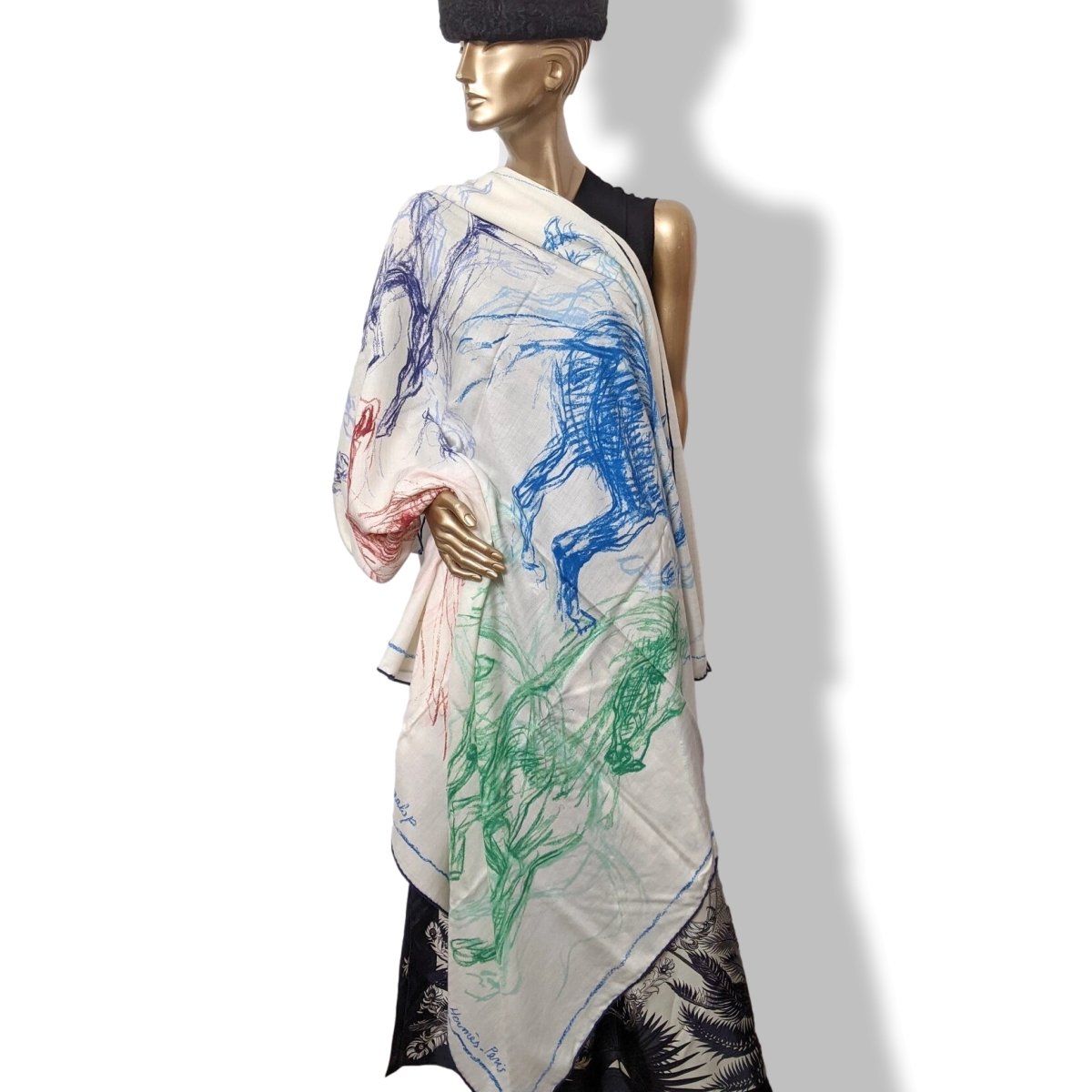 Hermes 2017 Blanc/Bleu/Vert PIROUETTES AU GALOP by Jean-Louis Sauvat Cashmere Shawl 140, New! - poupishop
