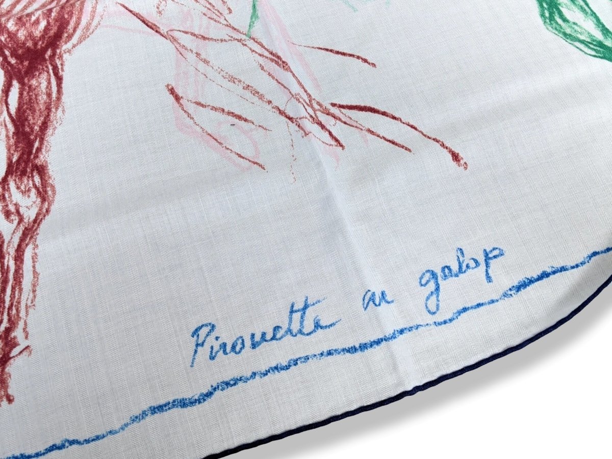Hermes 2017 Blanc/Bleu/Vert PIROUETTES AU GALOP by Jean-Louis Sauvat Cashmere Shawl 140, New! - poupishop