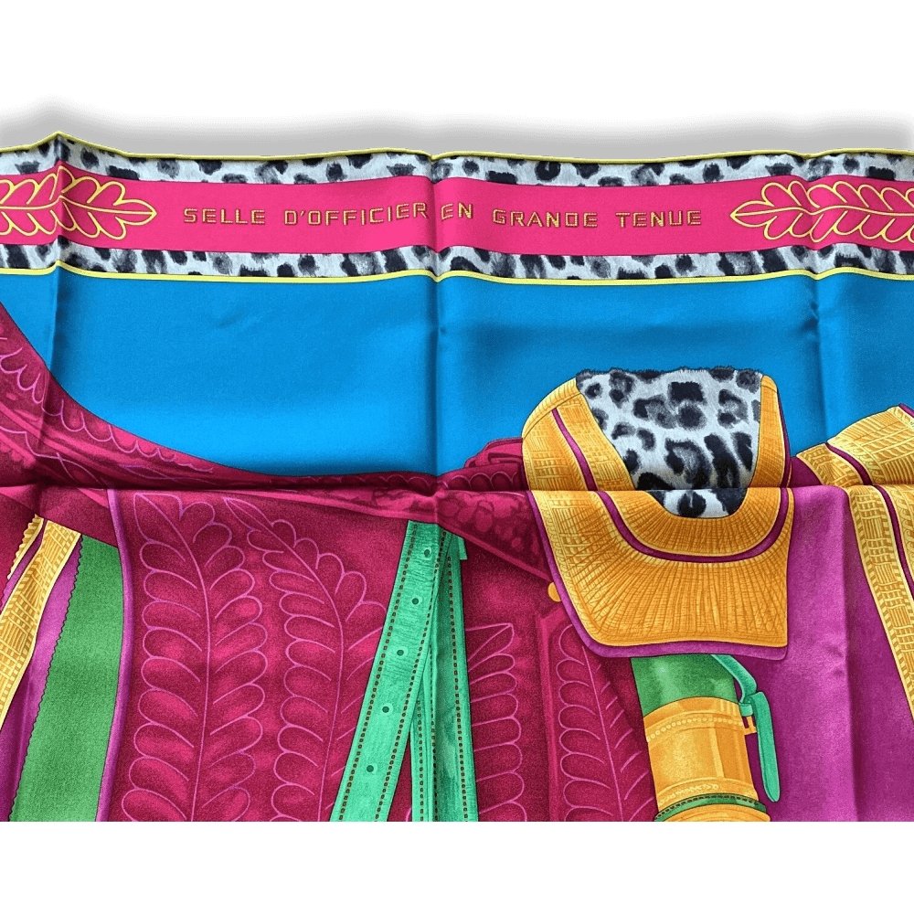 Hermes 2017 Cobat Fuchsia Yellow SELLE D'OFFICIER EN GRANDE TENUE by Wlodek Kaminski Twill Silk Carre 90cm cm, BNWTIB! - poupishop