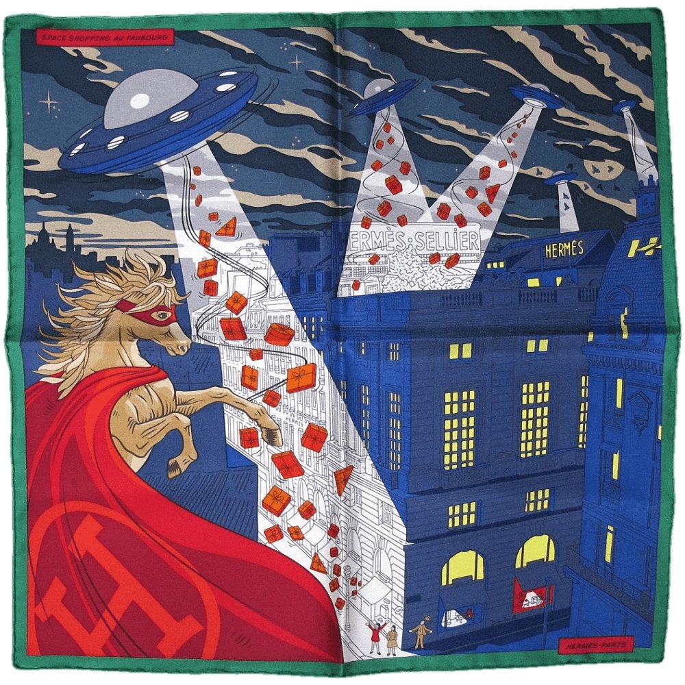 Hermes 2017 cw08 Blue Green Red Space Shopping au Faubourg Twill Gavroche 42cm, NWT! - poupishop