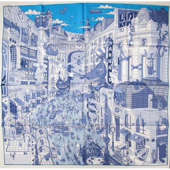 Hermes 2017 Cw15 Blue & White Grand Prix du Faubourg Twill 90cm by Ugo Gattoni, NIB! - poupishop