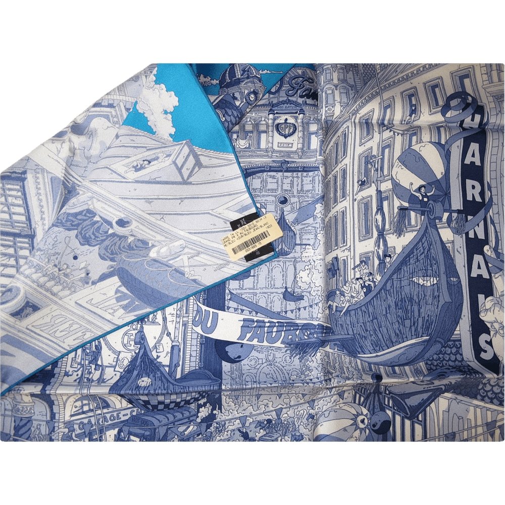 Hermes 2017 Cw15 Blue & White Grand Prix du Faubourg Twill 90cm by Ugo Gattoni, NIB! - poupishop