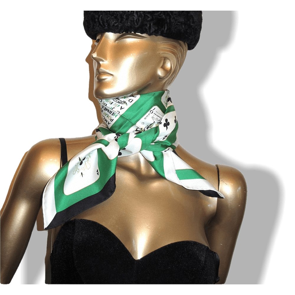 Hermes 2017 Green White Jeu de Cartes by AM Cassandre Twill Silk Scarf 90cm, New! - poupishop