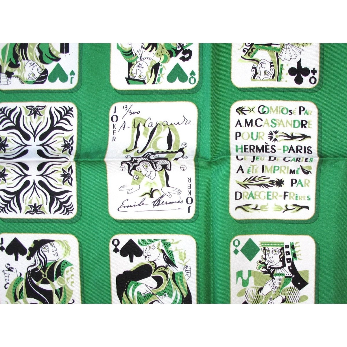 Hermes 2017 Green White Jeu de Cartes by AM Cassandre Twill Silk Scarf 90cm, New! - poupishop