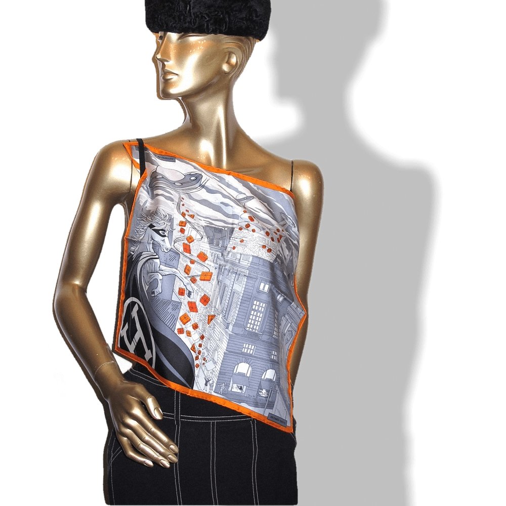 Hermes 2017 Grey Orange Space Shopping au Faubourg Twill Gavroche 45 cm, Box! - poupishop