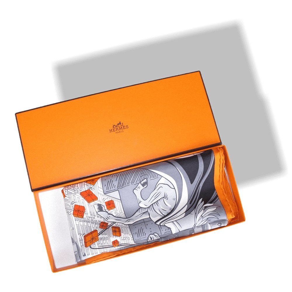 Hermes 2017 Grey Orange Space Shopping au Faubourg Twill Gavroche 45 cm, Box! - poupishop