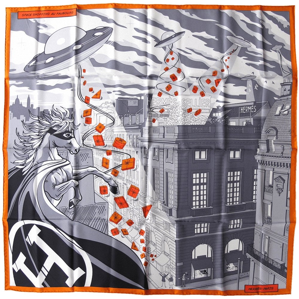 Hermes 2017 Orange White Grey Space Shopping au Faubourg Twill 90cm, NIB! - poupishop