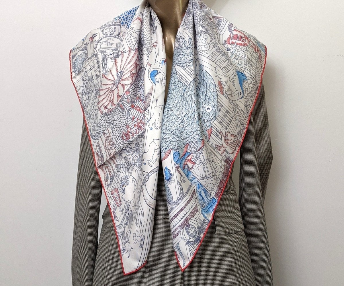 Hermes 2018 Blanc/Bleu Azur/Rouge ANIMAPOLIS by Jan Bajtlik Twill scarf, NIB! - poupishop