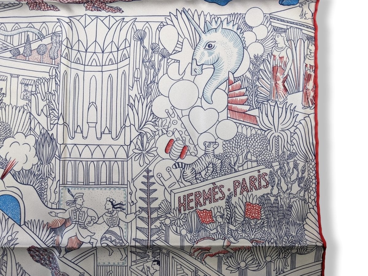 Hermes 2018 Blanc/Bleu Azur/Rouge ANIMAPOLIS by Jan Bajtlik Twill scarf, NIB! - poupishop