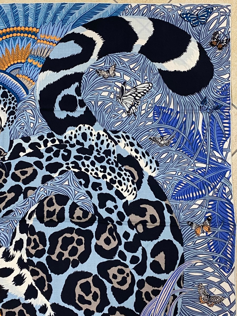 Hermes 2018 Bleu Jean/Abricot/Gris Jaguar Quetzal by Alice Shirley Cashmere Shawl 140, Box! - poupishop