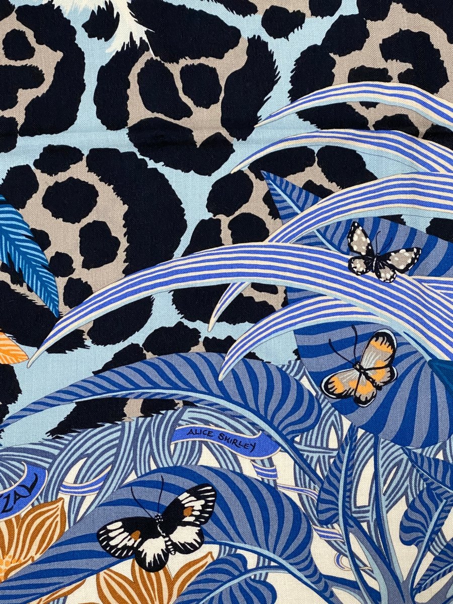 Hermes 2018 Bleu Jean/Abricot/Gris Jaguar Quetzal by Alice Shirley Cashmere Shawl 140, Box! - poupishop
