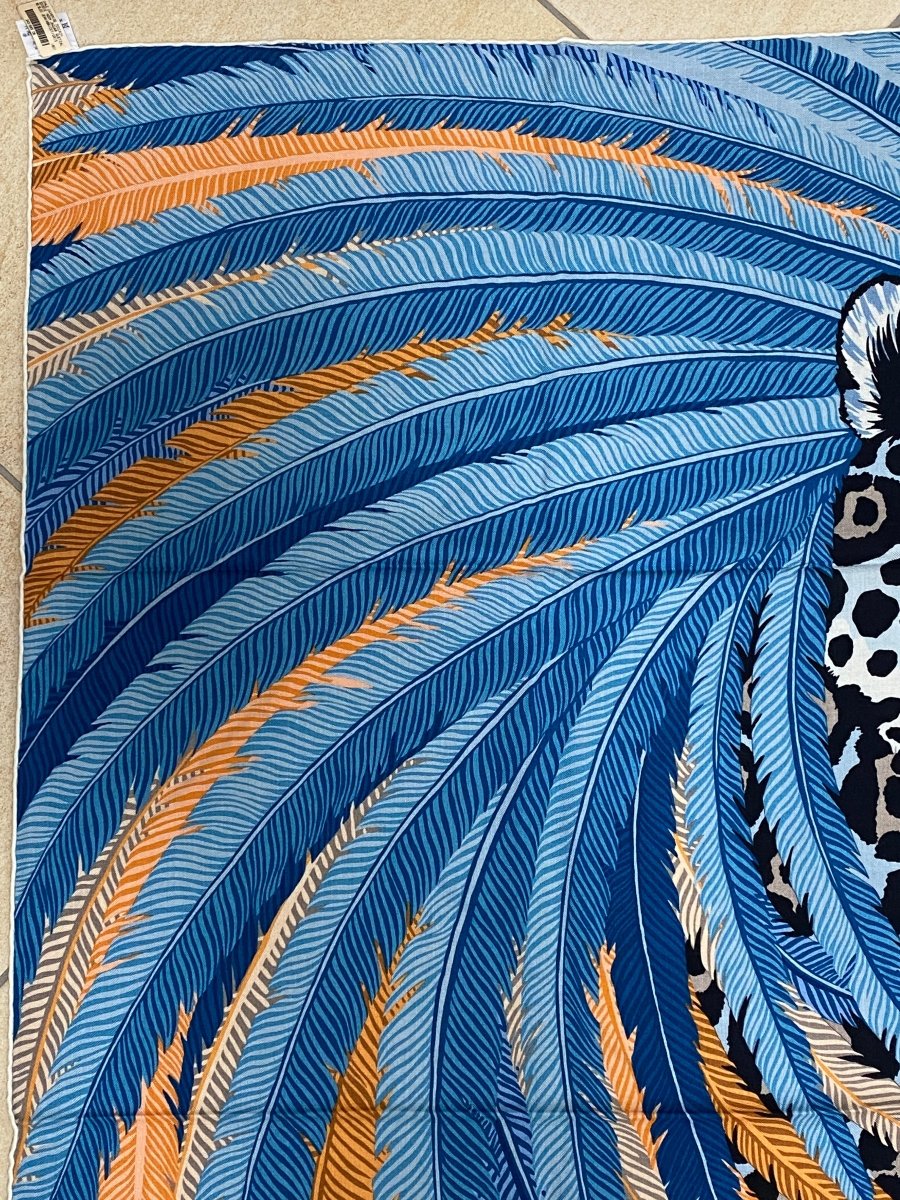 Hermes 2018 Bleu Jean/Abricot/Gris Jaguar Quetzal by Alice Shirley Cashmere Shawl 140, Box! - poupishop