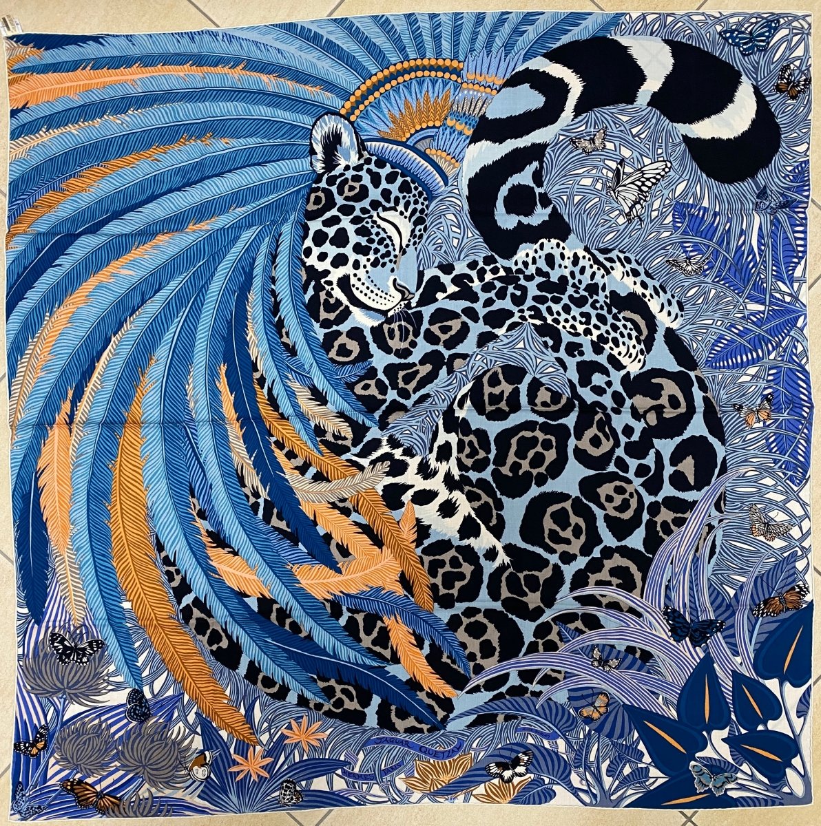 Hermes 2018 Bleu Jean/Abricot/Gris Jaguar Quetzal by Alice Shirley Cashmere  Shawl 140 Box! | poupishop