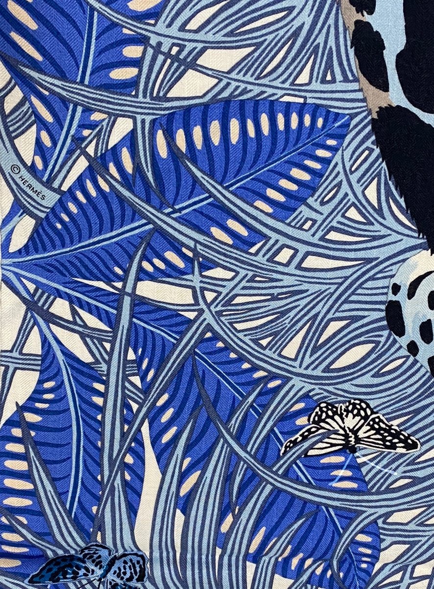 Hermes 2018 Bleu Jean/Abricot/Gris Jaguar Quetzal by Alice Shirley Cashmere Shawl 140, Box! - poupishop