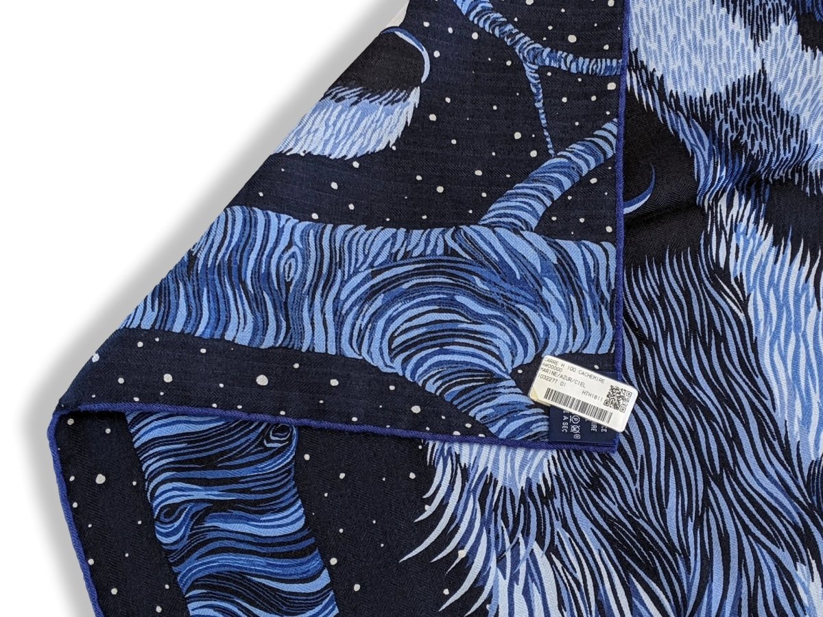 Hermes 2018 Bleu Marine/Azur/Ciel AWOOOOO by Alice Shirley 70% Cashmere/30% Silk Carre H 100 cm, BNWT! - poupishop