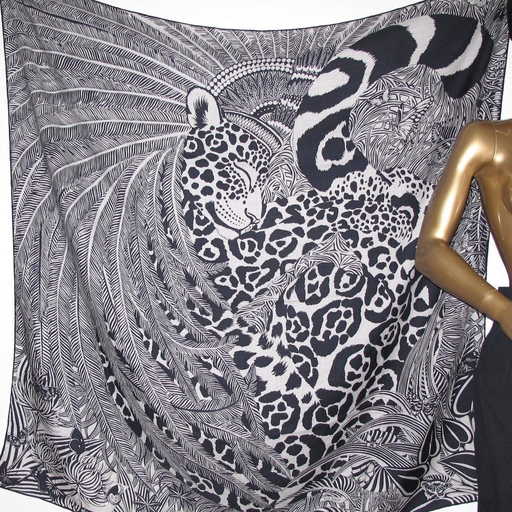 Hermes 2018 cw16 Gris/Bleu Noir/Gris Jaguar Quetzal Cashmere Shawl 140, New! - poupishop