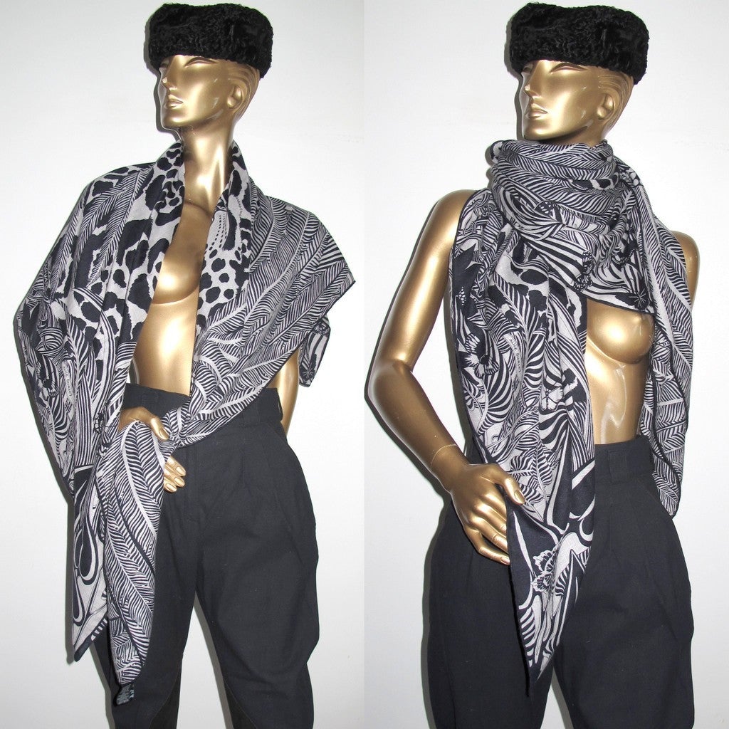 Hermes 2018 cw16 Gris/Bleu Noir/Gris Jaguar Quetzal Cashmere Shawl 140, New! - poupishop