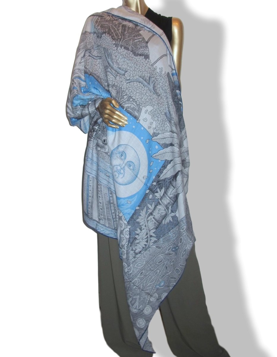 Hermes 2019 Grey/Sky/Anthracite ACTE III, SCENE I, LA CLAIRIERE by Edouard Baribeaud Cashmere Shawl 140, New!