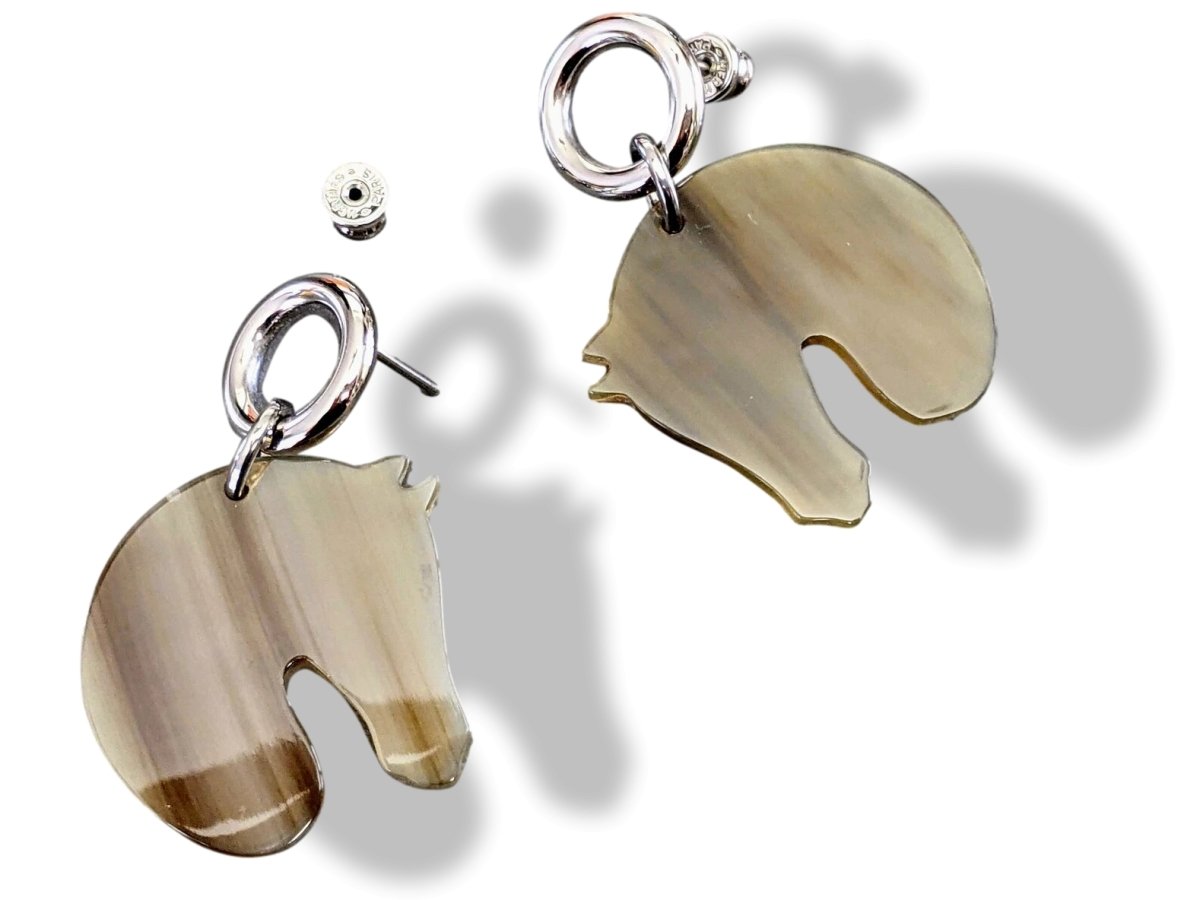 Hermes 2019 Natural Horn TATERSALE GM Horse Head Pierced Earrrings, BNWIB!