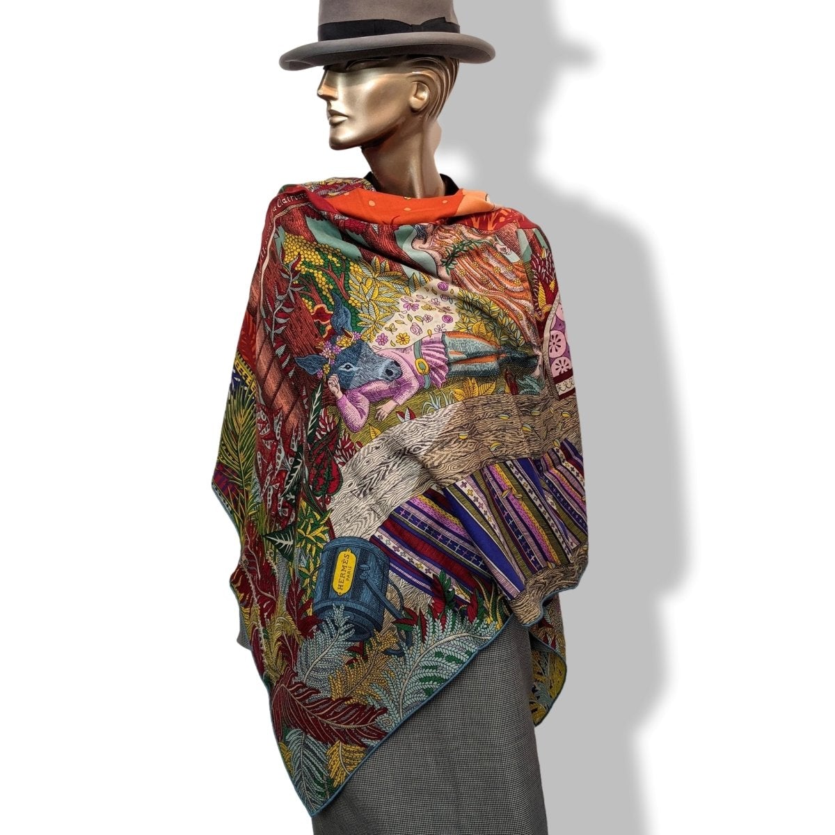 Hermes 2019 Orange/Vert/Multi ACTE III, SCENE I, LA CLAIRIERE by Edouard Baribeaud Cashmere Shawl 140, New!