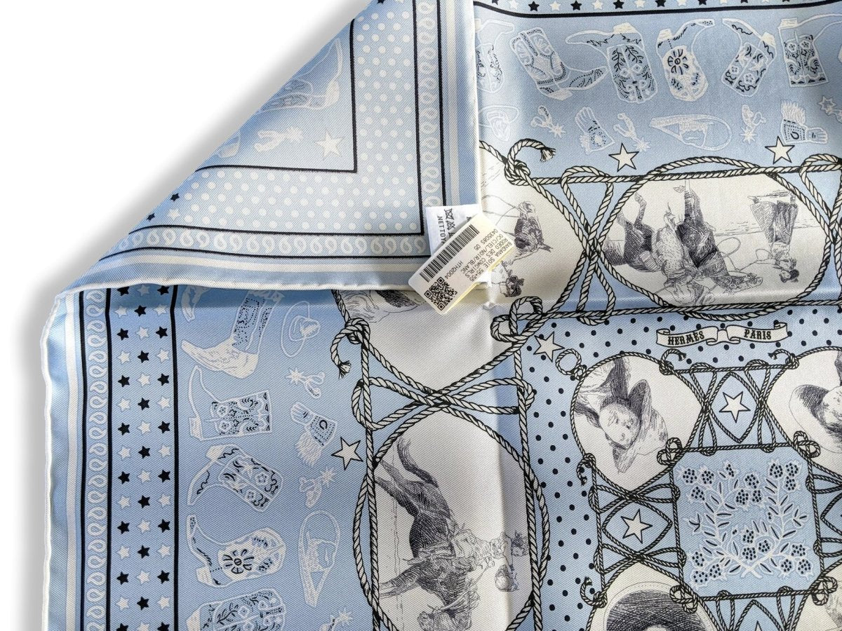 Hermes 2020 Ciel/Noir/Blanc RODEO DES COWGIRLS by Kermit Oliver Silk Bandana 55, NWTIB!