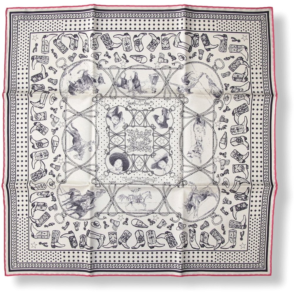 Hermes 2020 Cream Black Red Rodeo des Cowgirls by Kermit Oliver Silk Bandana 55