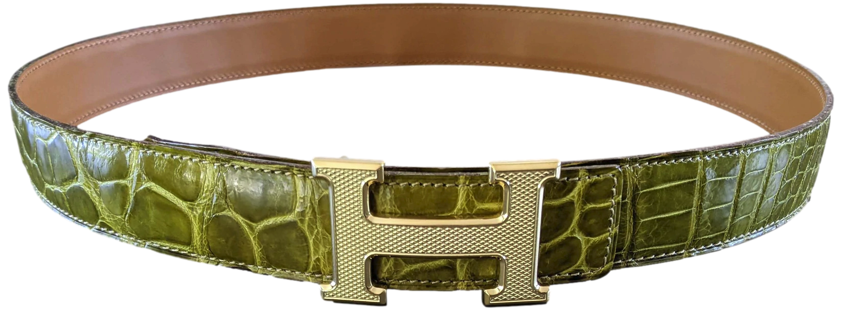Hermes Anis/Naturel Crocodile Alligator Reversible Strap Belt 32 mm, Sz 90