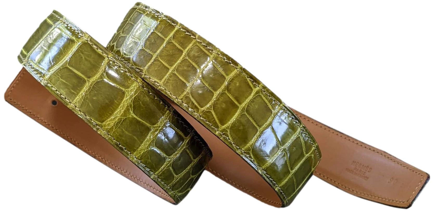 Hermes Anis/Naturel Crocodile Alligator Reversible Strap Belt 32 mm, Sz 90