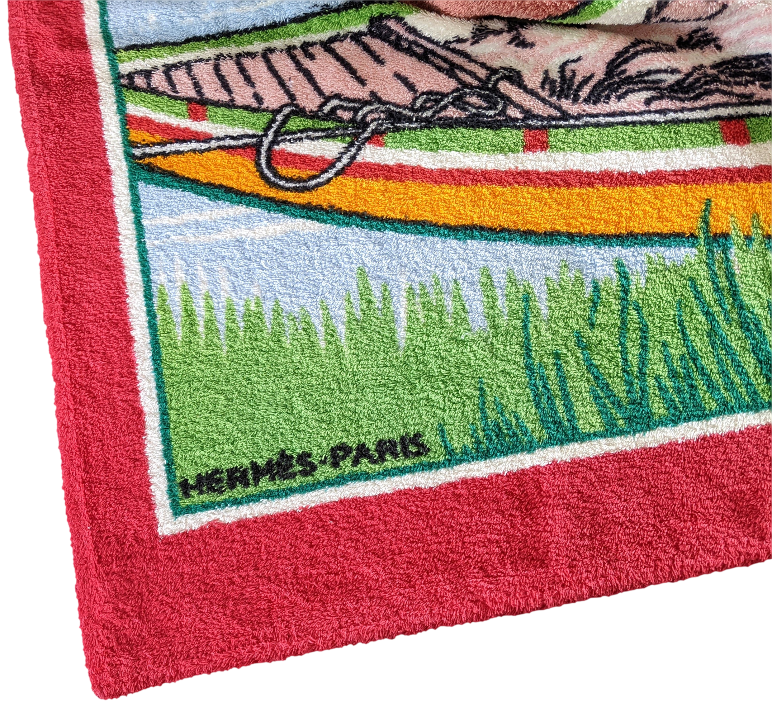 Hermes Vintage Cotton Terry "Asian Fishing Scene" Beach Towel 90 x 150 cm