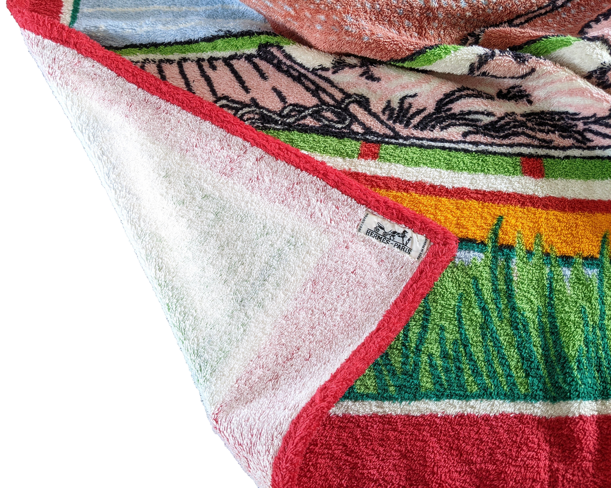 Hermes Vintage Cotton Terry "Asian Fishing Scene" Beach Towel 90 x 150 cm