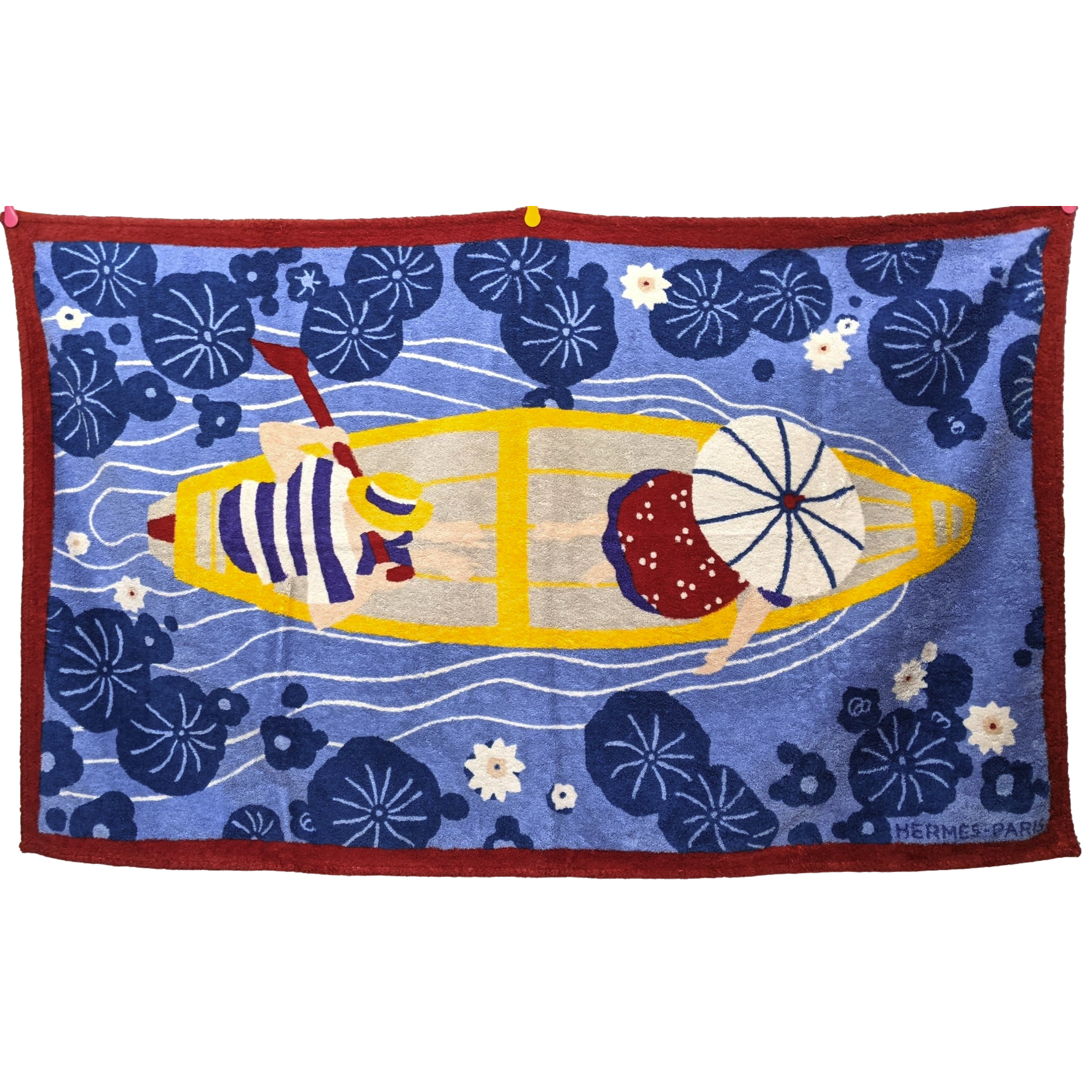 Hermes Vintage Bordeaux/Bleu Cotton Terry "Asiatic Scene" Beach Towel 90 x 150 cm