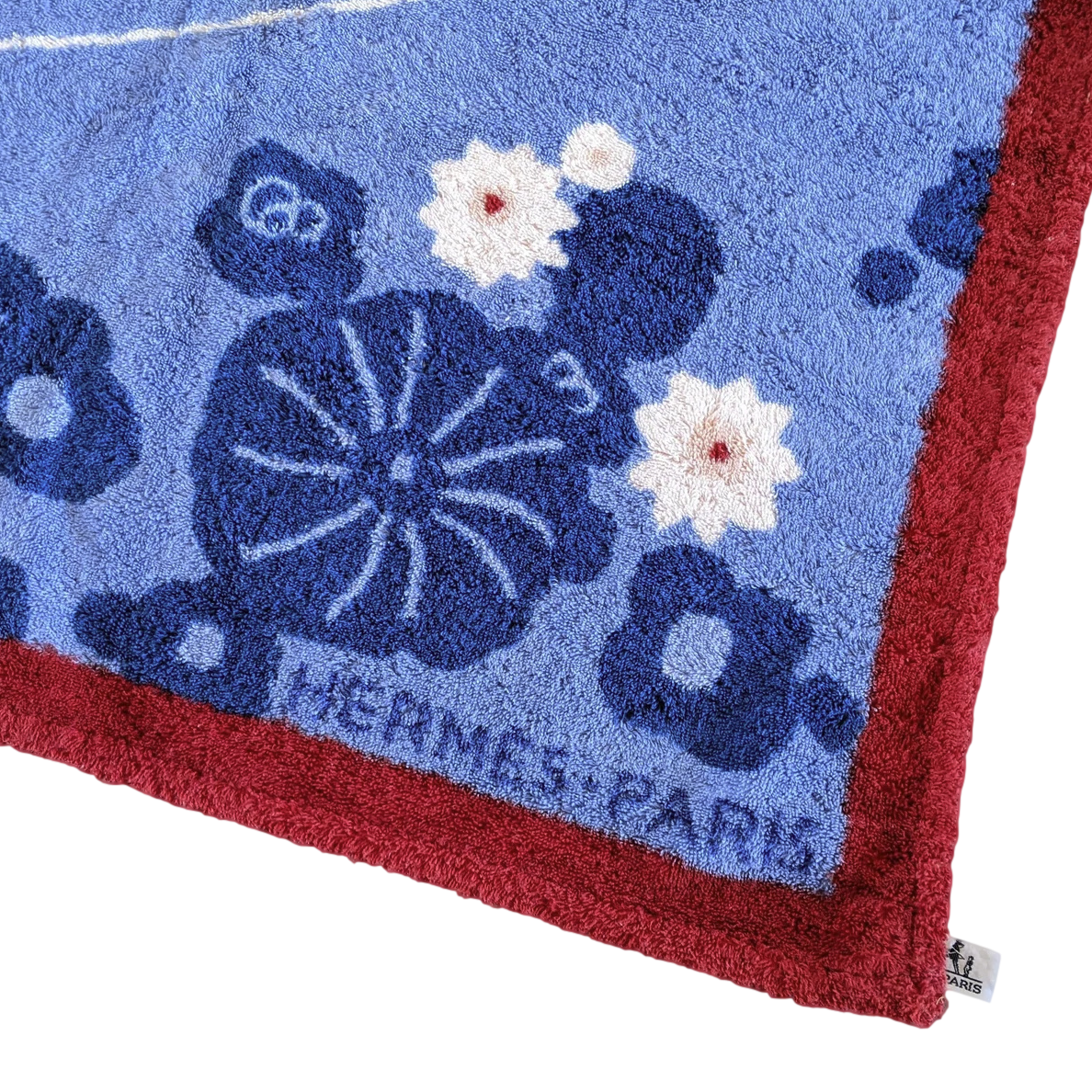 Hermes Vintage Bordeaux/Bleu Cotton Terry "Asiatic Scene" Beach Towel 90 x 150 cm