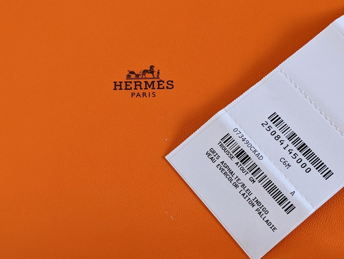 Hermes Asphalt Grey/Indigo Blue Evercolor Calfskin TROUSSE ATOUT GM For Everything Bag Pochette, BNWTIB!