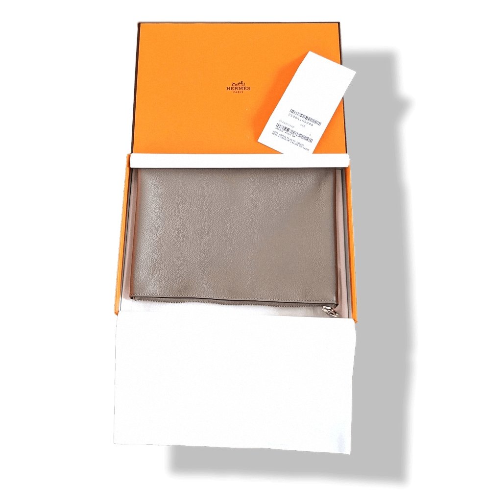 Hermes Asphalt Grey/Indigo Blue Evercolor Calfskin TROUSSE ATOUT GM For Everything Bag Pochette, BNWTIB!